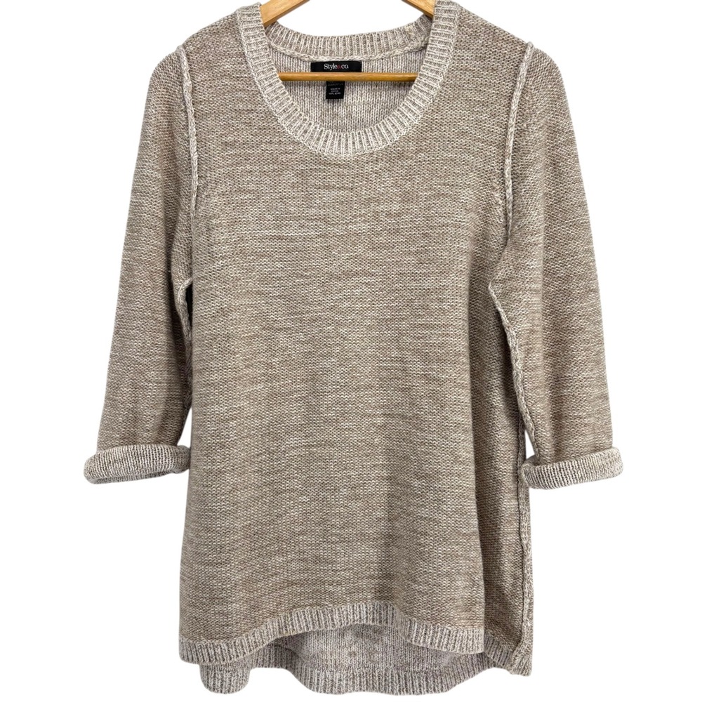 Style Co Knit Sweater Beige Marled 3/4 Sleeve‎ Pullover Women's Size L